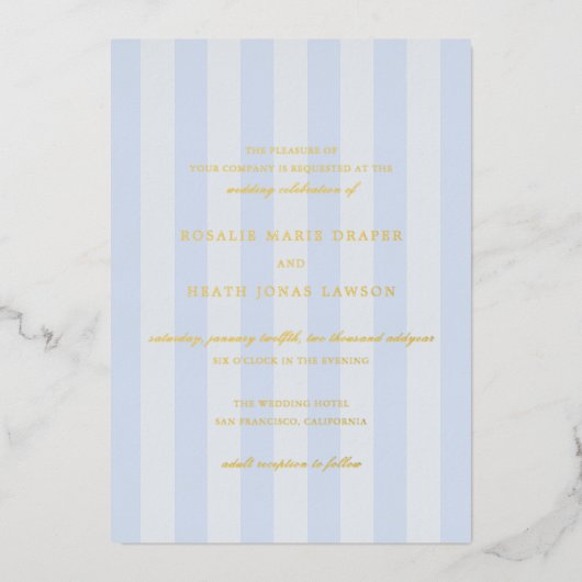 Modern Blue Stripes Elegant Wedding Folie Uitnodiging (Voorkant)