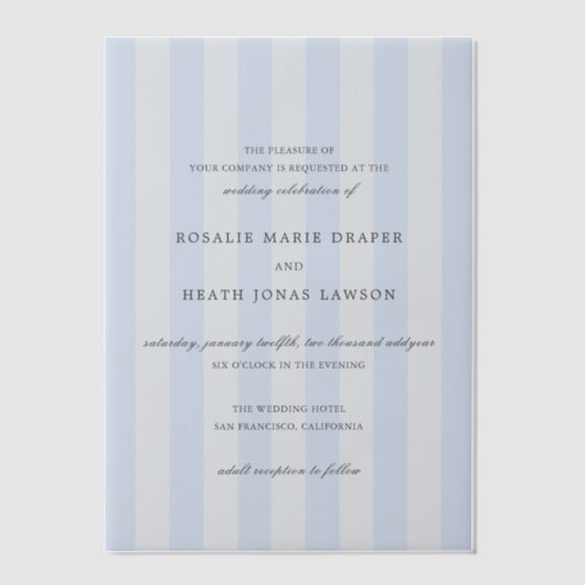Modern Blue Stripes Elegant Wedding Vellum Uitnodigingen (Voorkant)