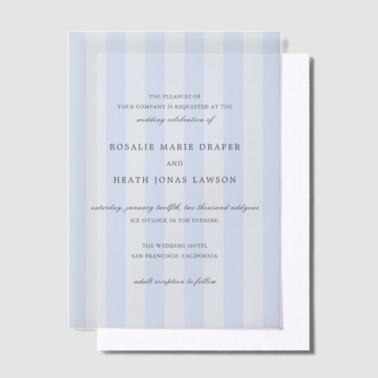 Modern Blue Stripes Elegant Wedding Vellum Uitnodigingen (Offset)
