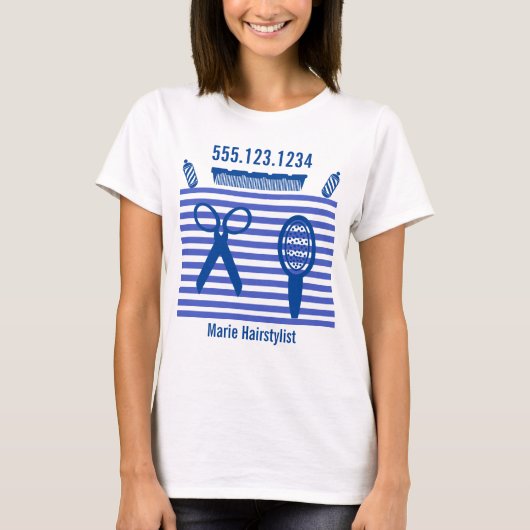Modern Blue Stripes Haarstylist T-shirt (Voorkant)