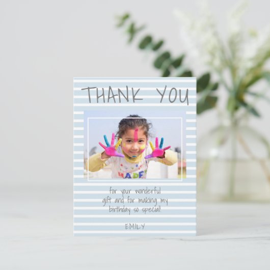 Modern Blue Stripes Kinder Foto Birthday Hartelijk (Staand voorkant)