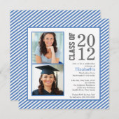 Modern Blue Stripes Photo Afstuderen Invitation Kaart (Voorkant / Achterkant)