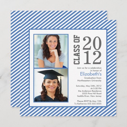 Modern Blue Stripes Photo Afstuderen Invitation Kaart (Voorkant / Achterkant)