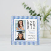 Modern Blue Stripes Photo Afstuderen Invitation Kaart (Staand voorkant)