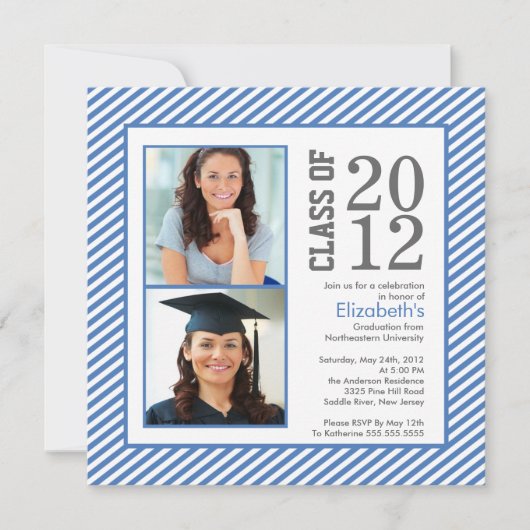 Modern Blue Stripes Photo Afstuderen Invitation Kaart (Voorkant)