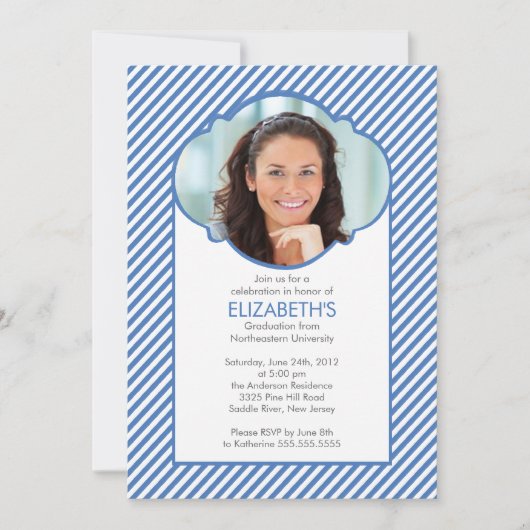 Modern Blue Stripes Photo Afstuderen Invitation Kaart (Voorkant)