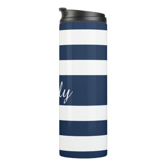 Modern Blue Stripes Script Thermosbeker (Geroteerd rechts)