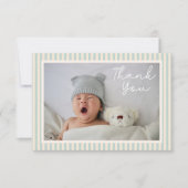 Modern Blue Stripes Two Photo Baby Shower Message Bedankkaart (Voorkant)
