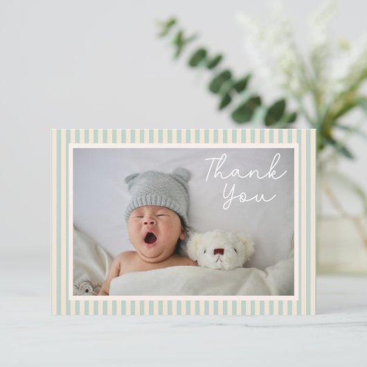 Modern Blue Stripes Two Photo Baby Shower Message Bedankkaart (Staand voorkant)