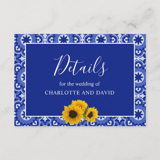 Modern Blue  Sunflower Wedding Detail Informatiekaartje (Voorkant)