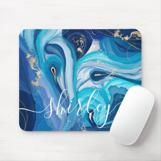 Modern Blue Swirl Agate Iridescent Custom Name Muismat (Met muis)