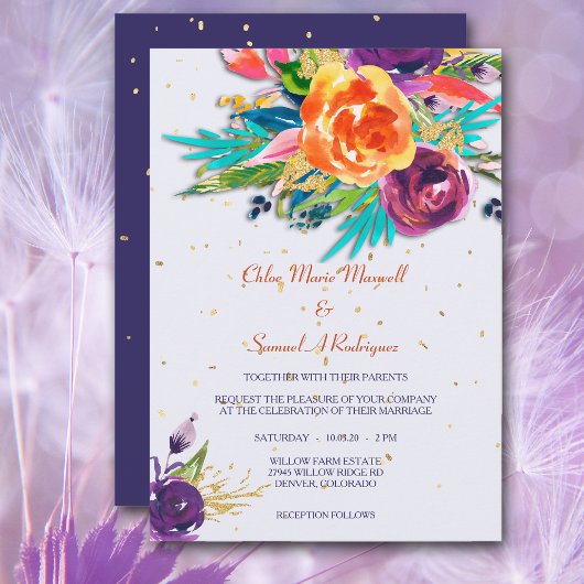 Modern Blue Tangerine Floral Wedding Kaart