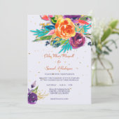 Modern Blue Tangerine Floral Wedding Kaart (Staand voorkant)