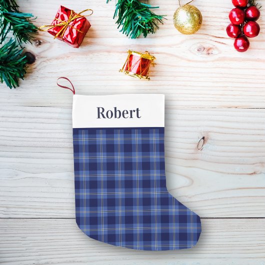 Modern Blue Tartan Pset Patroon met naam Kleine Kerstsok