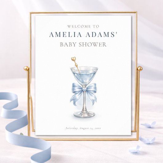 Modern Blue Tini Bow One Boy Baby Shower Welcome Poster
