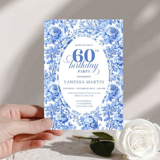 Modern Blue Toile Roses 60th Birthday Invite Digit Kaart