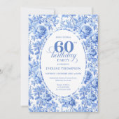 Modern Blue Toile Roses 60th Birthday Invite Digit Kaart (Voorkant)