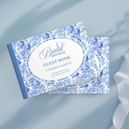 Modern Blue Toile Roses Bridal Shower Guest Book Gastenboek
