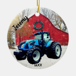 Modern Blue Tractor Kerstmis Keramisch Ornament