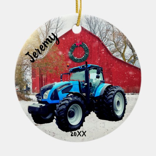 Modern Blue Tractor Kerstmis Keramisch Ornament (Voorkant)