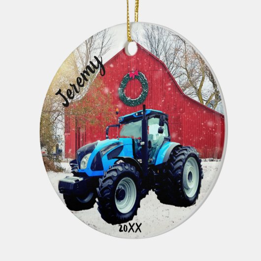 Modern Blue Tractor Kerstmis Keramisch Ornament (Links)