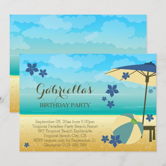 Modern Blue Tropical Beach Birthday Party Kaart (Voorkant / Achterkant)