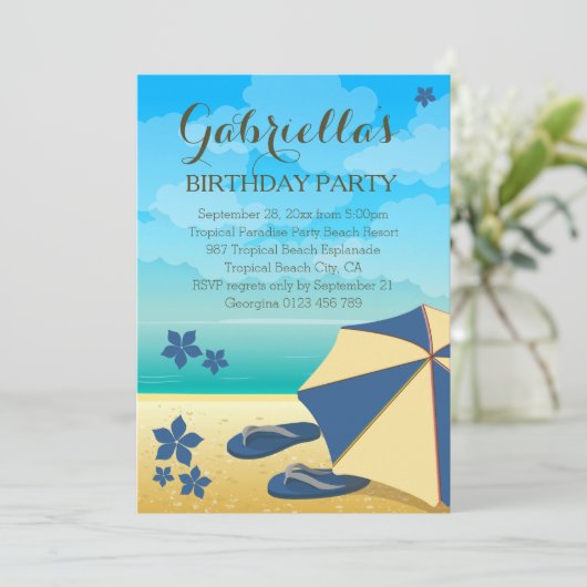Modern Blue Tropical Beach Birthday Party Kaart (Staand voorkant)