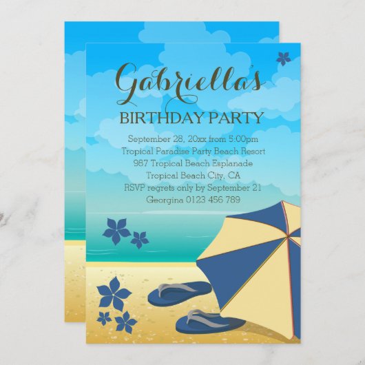 Modern Blue Tropical Beach Birthday Party Kaart (Voorkant / Achterkant)