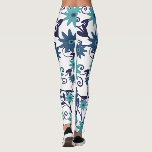 Modern Blue Turquoise Flower Pattern Leggings (Achterkant)