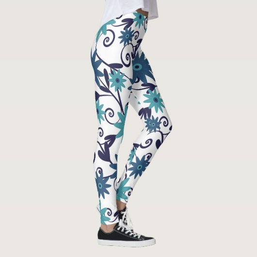 Modern Blue Turquoise Flower Pattern Leggings (Rechts)