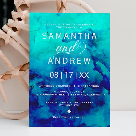 Modern blue turquoise waterverf elegant bruiloft kaart