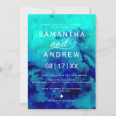 Modern blue turquoise waterverf elegant bruiloft kaart (Voorkant)