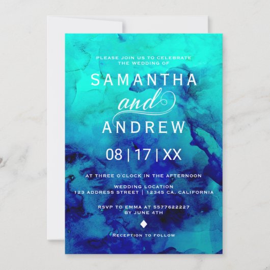 Modern blue turquoise waterverf elegant bruiloft kaart (Voorkant)