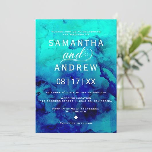 Modern blue turquoise waterverf elegant bruiloft kaart (Staand voorkant)