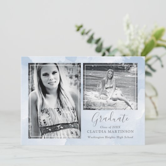 Modern Blue Two foto Afstuderen Aankondiging (Staand voorkant)