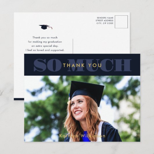 Modern Blue Typografie Foto Afstuderen Hartelijk d Briefkaart (Voorkant / Achterkant)