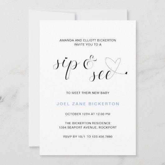 Modern Blue Typography Boy Sip and See Kaart (Voorkant)