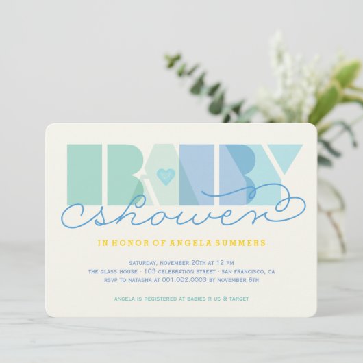 Modern Blue Typography Kleurrijke Jongen Baby show Kaart (Staand voorkant)