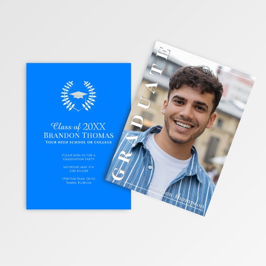 Modern Blue Vertical Name Graduation Photo Card Kaart