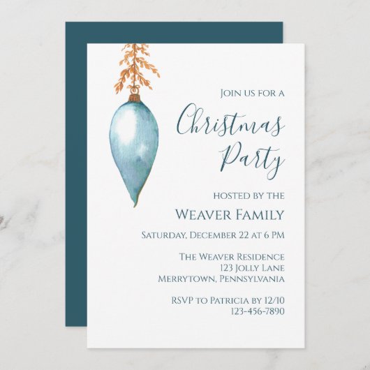 Modern Blue Waterverf Bauble kerstfeest Kaart (Voorkant / Achterkant)