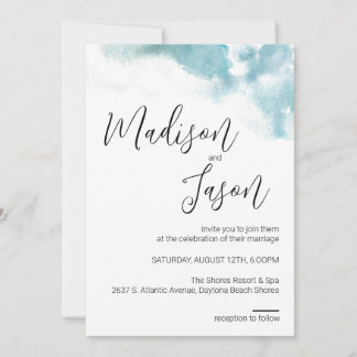 Modern Blue Waterverf Beach Wedding Invitation Kaart
