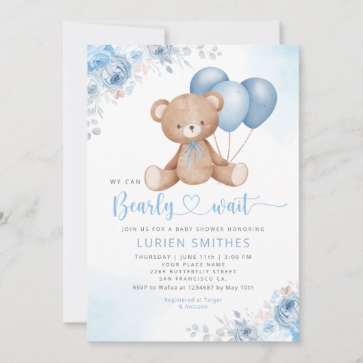 Modern Blue Waterverf Boho Teddy Bear Baby shower Kaart (Voorkant)