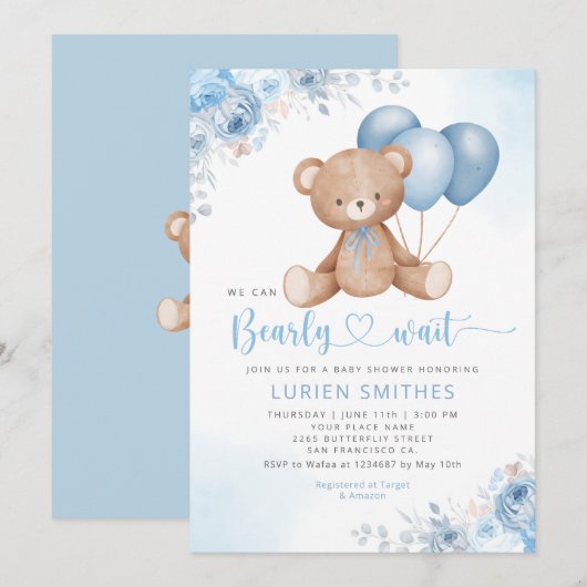 Modern Blue Waterverf Boho Teddy Bear Baby shower Kaart (Voorkant / Achterkant)