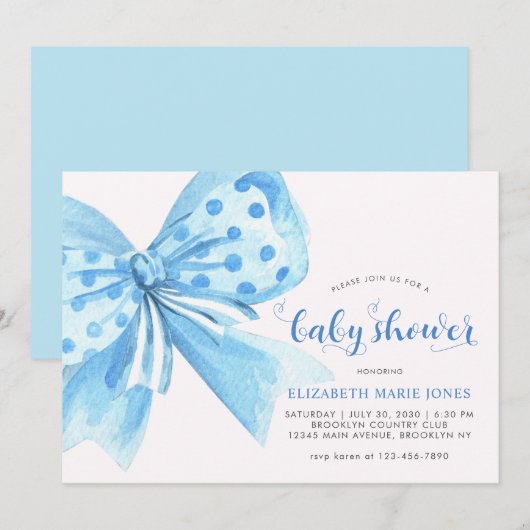 Modern Blue Waterverf Bow Ribbon Baby shower Kaart (Voorkant / Achterkant)