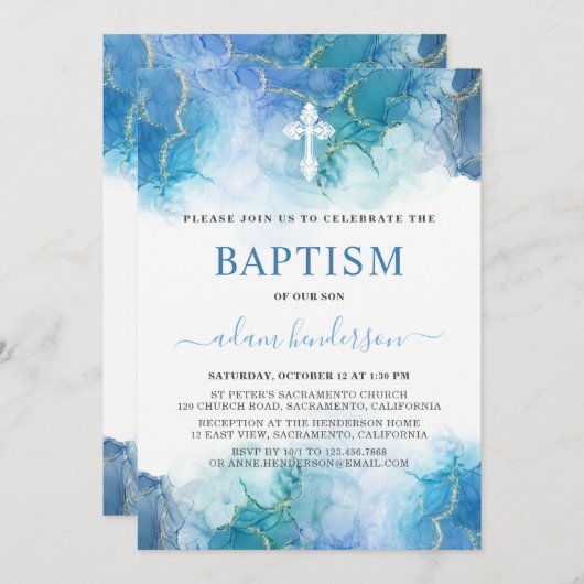 Modern Blue Waterverf Boy Baptisme Kaart (Voorkant / Achterkant)