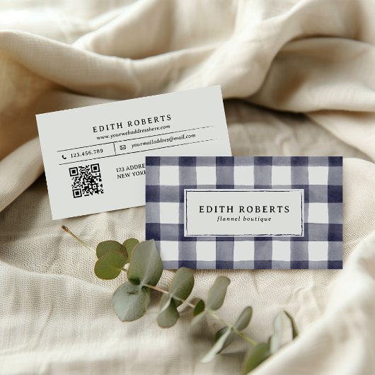 Modern Blue Waterverf Buffalo Plaid QR CODE Visitekaartje