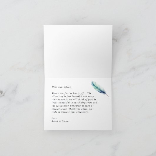 Modern Blue Waterverf Feather Wedding Bedankkaart (Binnen)