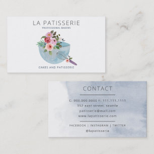 Modern Blue Waterverf Floral Bakery Pastry Chef Visitekaartje