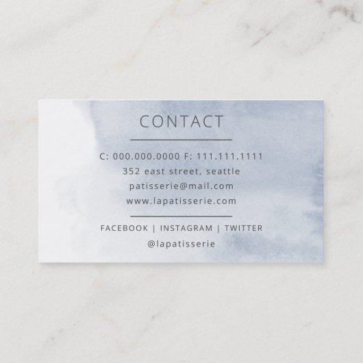 Modern Blue Waterverf Floral Bakery Pastry Chef Visitekaartje (Achterkant)