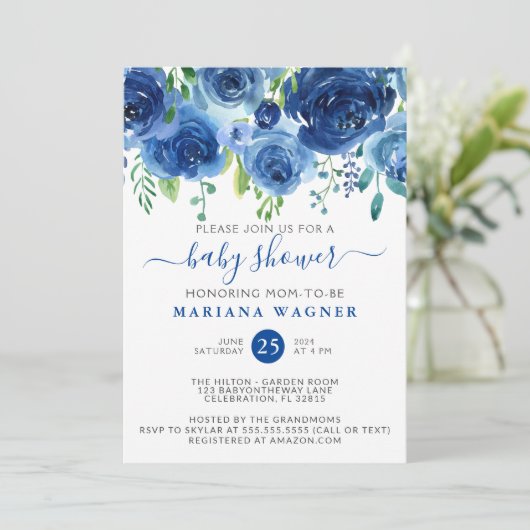 Modern Blue Waterverf Floral Boy Baby shower Kaart (Staand voorkant)